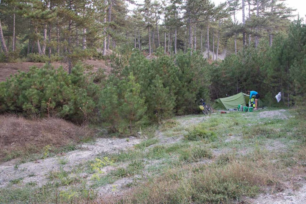 We simply couldn't cycle any further on this day, so we ducked down below the D170 road (which is just behind the trees) just east of Göynük, Tepebaşı, Turkey.