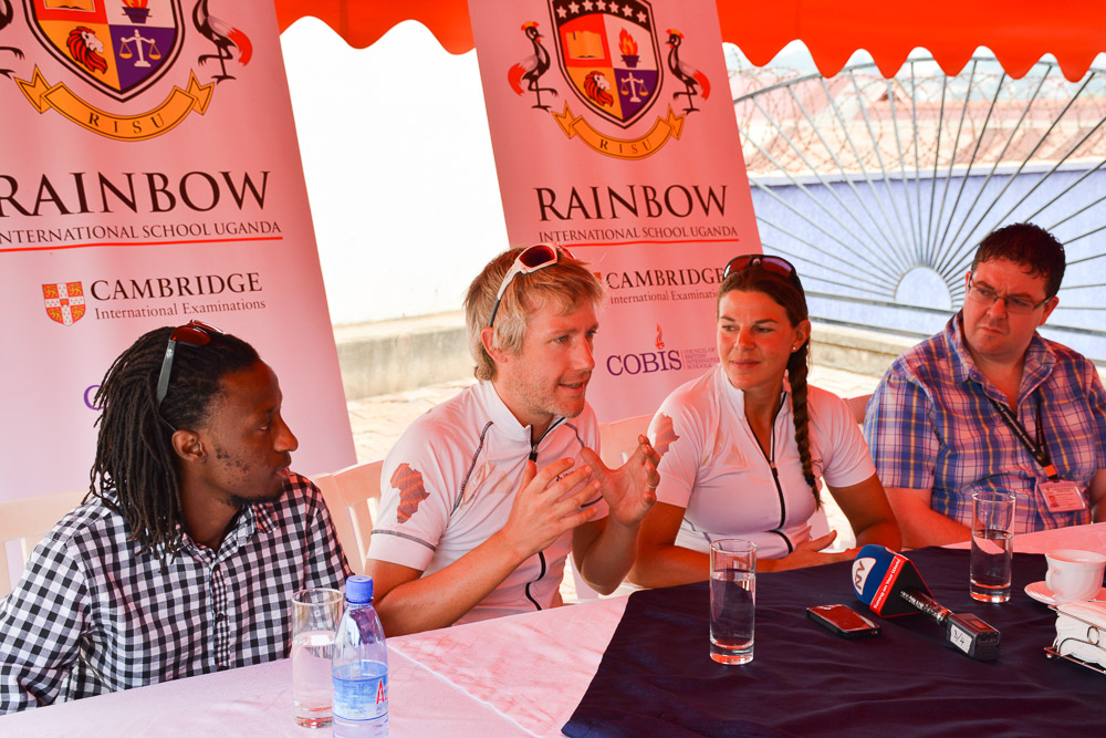 Fielding questions at a press conference at the Rainbow International School.