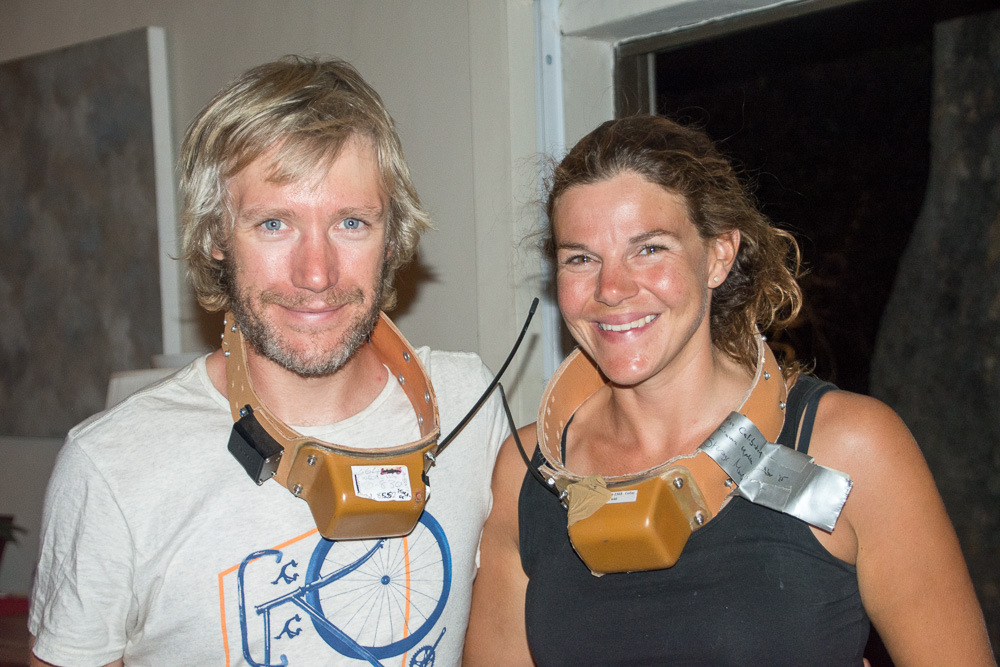 We tried on some of the animal tracking collars that emit signals several times a minute and joked that our parents would be over the moon if we’d worn these on our trip instead of the 30-minute update we have on our London to Cape Town Live GPS Tracker